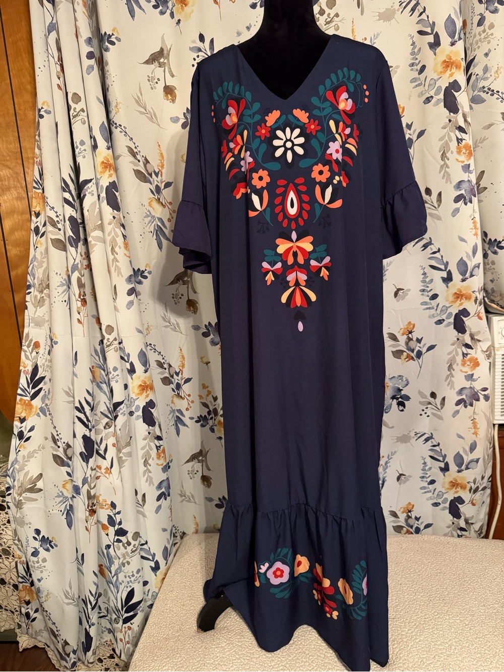 Navy Floral Embroidered V-Neck Maxi Dress Size 5XL B 1
